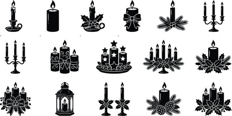 Naklejka premium Set of black silhouette icons representing various christmas candles and festive holiday decorations on white background