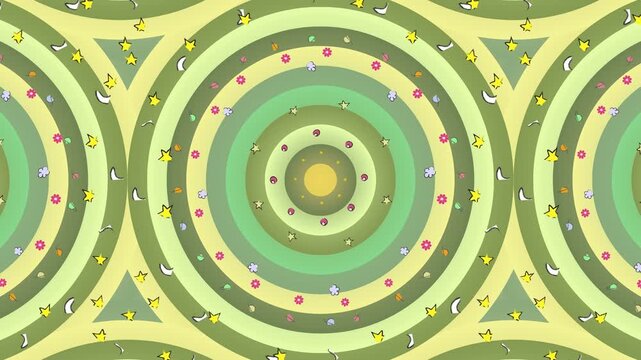 Whimsical Cute pastel green rotating pattern motion graphic with dynamic appearance and disappearance loop. Hand drawn colorful animation featuring pop up flower planet cloud moon rotating background