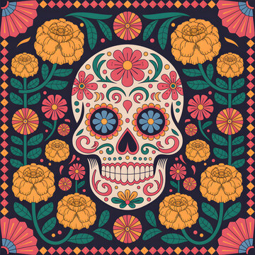 Colorful floral sugar skull pattern inspired by Day of the Dead