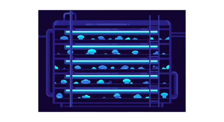 Fototapeta premium Futuristic Vertical Mushroom Farm Vector Illustration with Neon Grow Lights and Bioluminescent Fungi