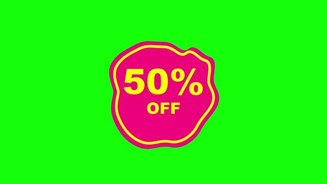Vibrant pink and yellow 50% OFF discount sticker on a bright green background. Irregular circular shape promotion label for retail sales and marketing campaigns.