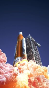 3D animation of a heavy launch vehicle lifting off from a spaceport. Cinematic rocket launch with powerful engines, massive smoke clouds, bright exhaust and realistic flight dynamics.