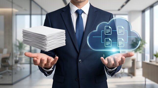Businessman holding stack of papers and digital cloud icon