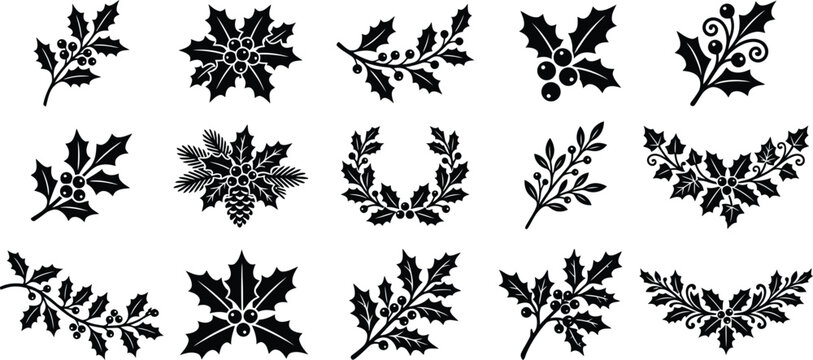 Set of black silhouette holly leaves and berries for christmas holiday decorative design elements on white background