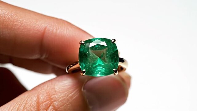 Person holding a luxury gold ring with a large square cut emerald on a white background