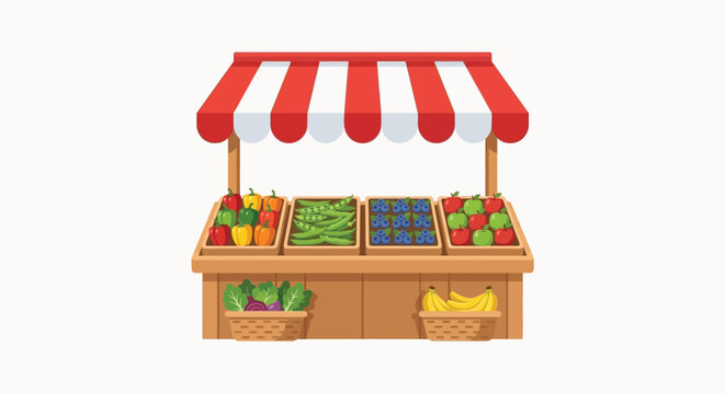 Market stall with produce and red and white striped awning a colorful vector illustration stand vegetable fruit