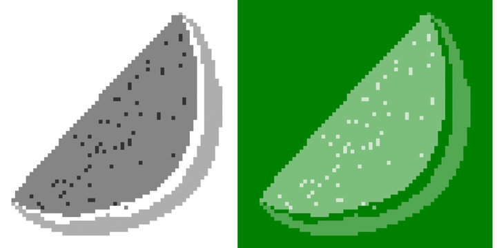 Pixel Art Watermelon Slice Icon Set Grayscale and Green Version Game Asset 8 Bit Retro Style Fresh Fruit Slice Element Isolated on White and Green Background Vector Illustration for App Design