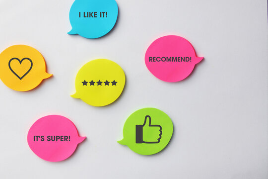 Colorful speech bubbles with customer feedback, recommendation and rating icons on light background