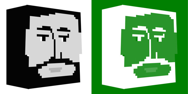 Low poly 3D face icon geometric cube design isolated on black and green screen background, modern minimalist blocky character illustration