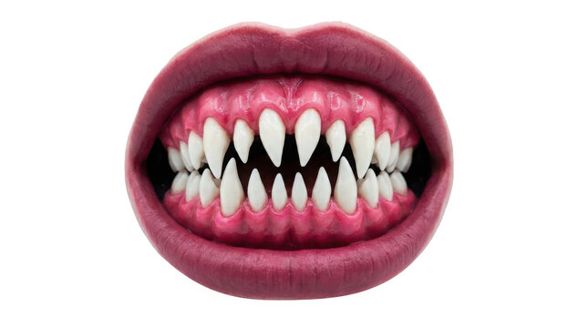 Close up of a monster mouth with multiple rows of sharp fangs isolated on transparent background