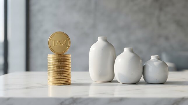 Stack of gold coins with savings and tax planning concept. Financial growth and investment strategy with white ceramic piggy banks.