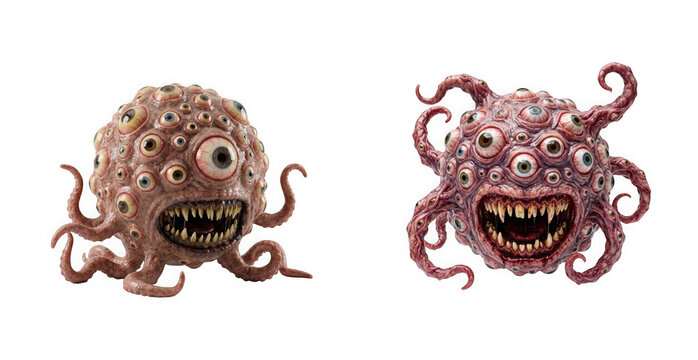 Two realistic 3d rendered beholderlike monsters with multiple eyes and tentacles isolated on transparent background