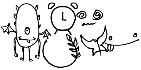 Hand drawn doodle set with bat creature, snowman with letter, plant leaf, and bird with squiggle, black outline sketch illustration