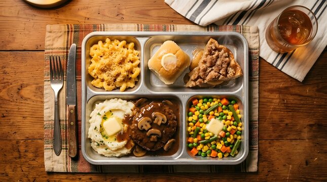 Salisbury steak tv dinner with mashed potatoes and vegetables on a metal tray perfect for national tv dinner day