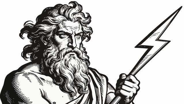 A black-and-white, detailed drawing of an ancient Greek or Roman male deity with a long, flowing beard, holding a lightning bolt. He has a muscular physique, draped in a cloth, and has a stern, intens