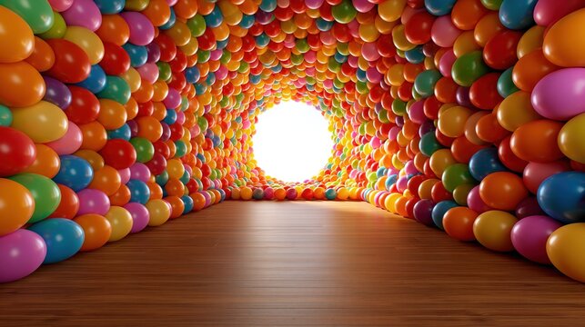 Vibrant Balloon Tunnel Leading to Bright Light, Fun and Festive Atmosphere