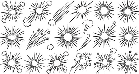 Comic book style explosion burst graphic vector element collection with action speed lines star and dust illustrations © MDNAIMUR