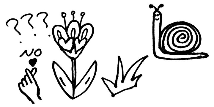 Hand drawn doodle set with question marks, thinking gesture hand, flower with stem and leaves, and snail with spiral shell, black outline sketch illustration