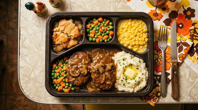 Homestyle meatloaf and mashed potatoes meal in divided tray for comfort food dinner concept perfect for national tv dinner day