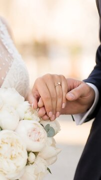 Vertical close up of groom holding bride's hand showing diamond engagement ring over white peony bouquet, depicting wedding ceremony, romantic marriage proposal, and bride groom love.