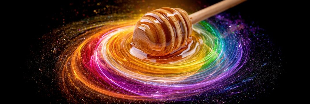 Wooden honey dipper with golden honey swirling in a vibrant rainbow galaxy of light and glitter on black background