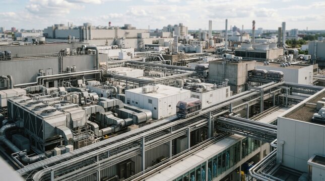 Semiconductor fabs with cleanroom modules, air handling units, cable trays, wafer transport pods, and adjacent factory buildings for reshored chip production.