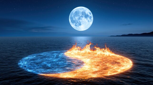 Yin Yang Symbol of Fire and Ice on Water Under a Full Moon