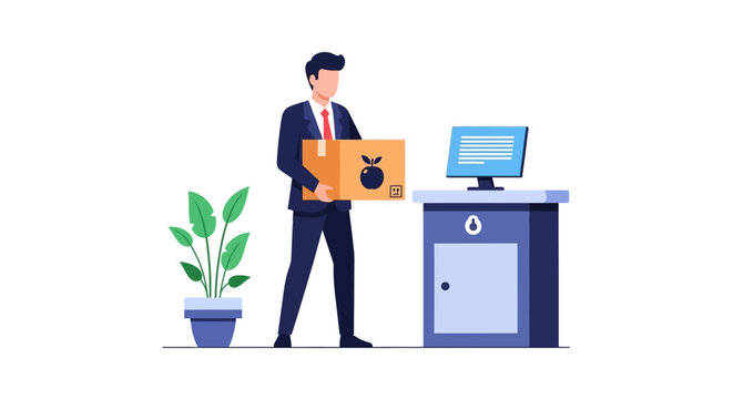 Businessman Holding Delivery Package Box with Apple Logo in Modern Office or Retail Setting, Logistics and E-commerce Flat Vector Illustration