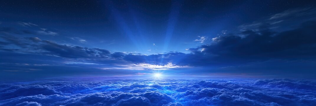 Surreal Blue Sky with Sun Rays Breaking Through Clouds Above a Sea of Clouds at Night