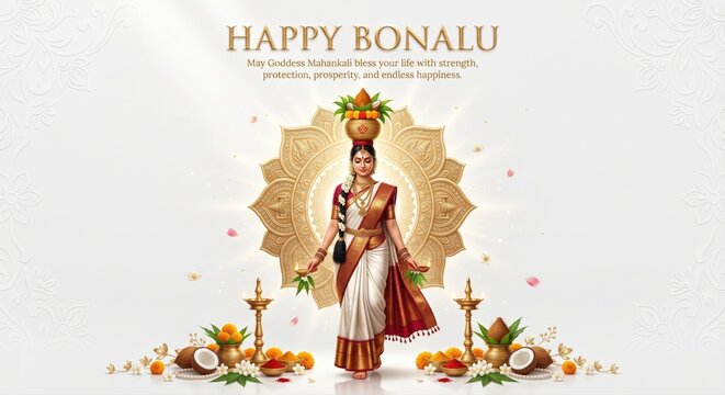 Woman in traditional indian attire carrying a pot of offerings on her head, celebrating bonalu festival with decorative