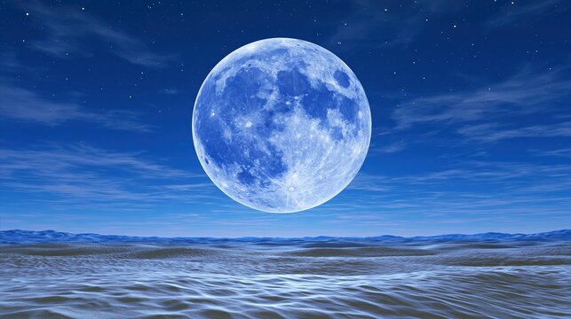 Vast Blue Moon Over Rippling Sand Dunes Under a Starry Night Sky