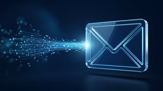 Glowing blue email icon with data stream on dark background