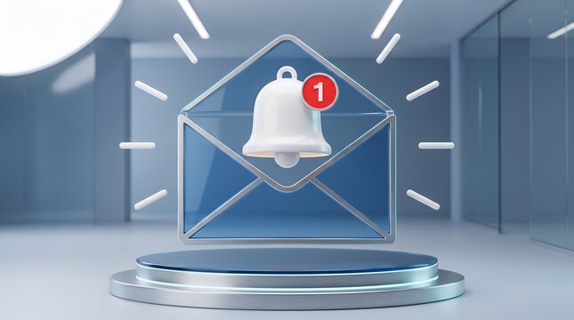 Email notification bell on podium with glowing lines