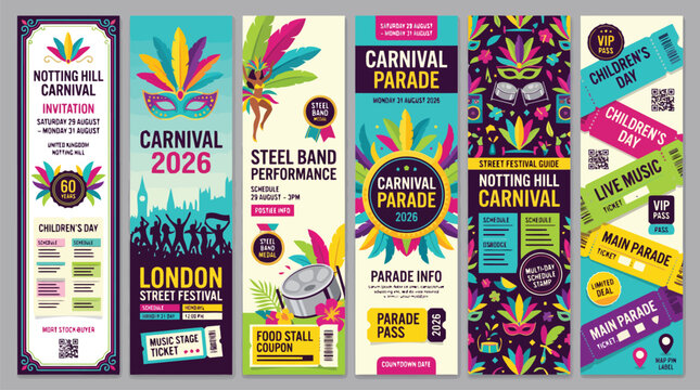 Notting Hill Carnival vertical banner set, colorful street festival parade posters, Caribbean celebration event flyers with masks and drums