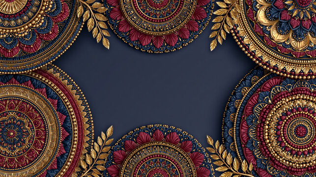 Elegant luxury mandala pattern frame with golden leaves accents on dark background.