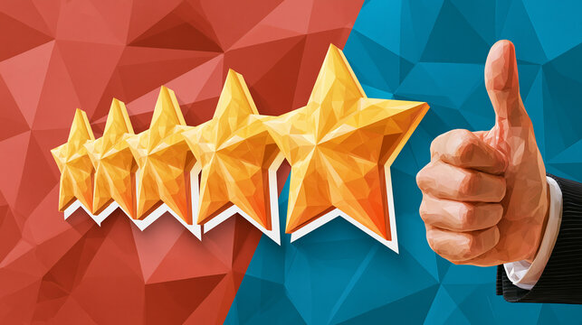 Hand making thumbs up gesture with five gold rating stars on low poly red and blue background.