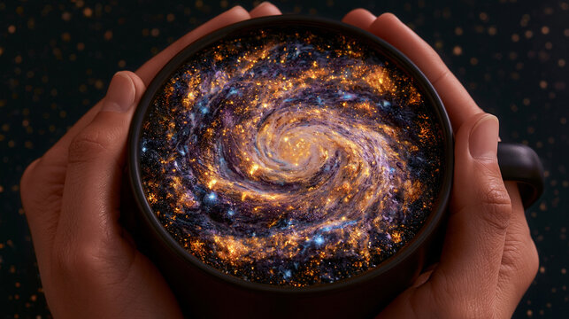 Hands holding black coffee mug containing glowing swirling spiral galaxy cosmos inside cup.