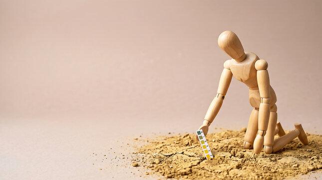 Climate risk business and heat anomaly concept with wooden figure testing dry soil with pH indicator strip and copy space for emergency response services presentation
