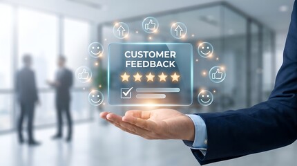 Obraz premium Businessman holding customer feedback interface with five stars