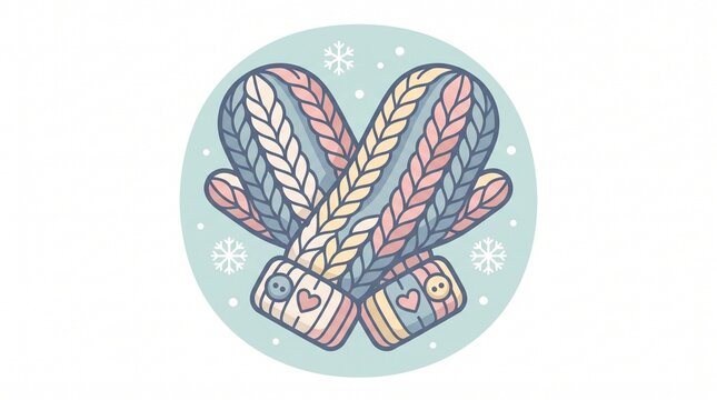Knitted mittens illustration, pastel colors, heart buttons, snowflakes on winter blue background, representing cozy warmth, comfort, and holiday cheer