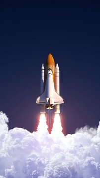 3D animation of a reusable orbital spacecraft lifting off through dense clouds. Cinematic launch with powerful engines, bright exhaust and realistic atmospheric effects.