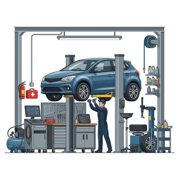 Mechanic Inspecting Car in Service Garage.