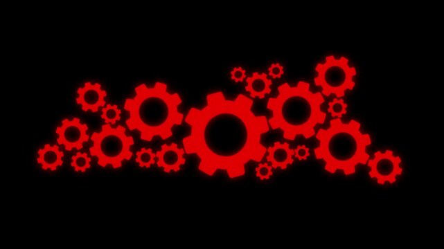 Red glowing gear mechanism animation: industrial engineering and business process concept