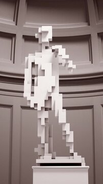 3D animation of a classical marble statue emerging from voxel blocks. Digital transformation from cubic geometry to realistic sculpture inside a museum gallery.
