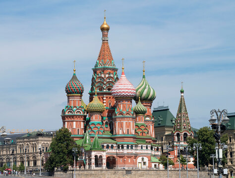 View of the ancient St. Basil's Cathedral (Intercession of the Most Holy Theotokos Cathedral) on a sunny July day. Moscow