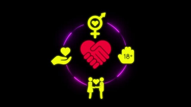 Neon love and relationship motion with heart handshake