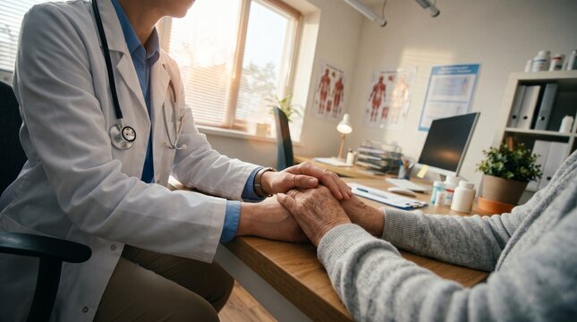 Doctor Holding Patient Hands in Comfort and Support During Medical Consultation