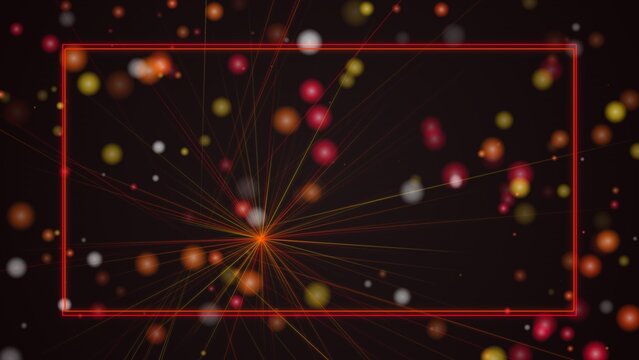 Abstract particle explosion emits warm red and gold light orbs within a structured rectangular frame border that creates a dynamic visual space for professional presentations and modern design.