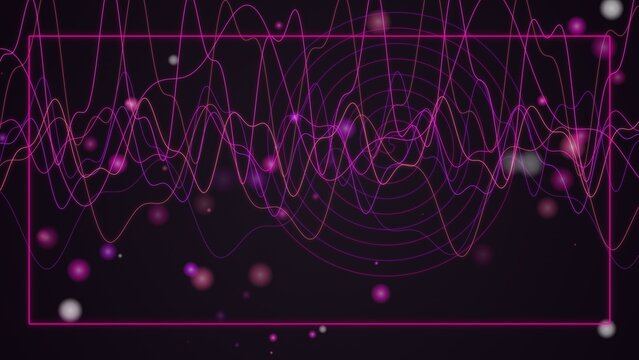 Oscilloscope wave patterns display purple frequency lines with glowing particle bokeh effects in a digital frame border that provides ample copy space for scientific presentations and technology.