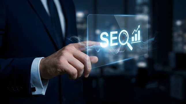 A professional businessman interacting with a futuristic digital interface showing search engine optimization and growth analytics in a modern office environment